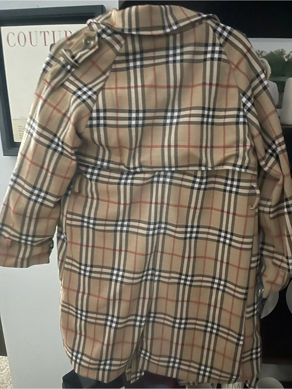 NWT designer Beige Plaid Double-Breasted Trench Coat - Picture 3 of 7